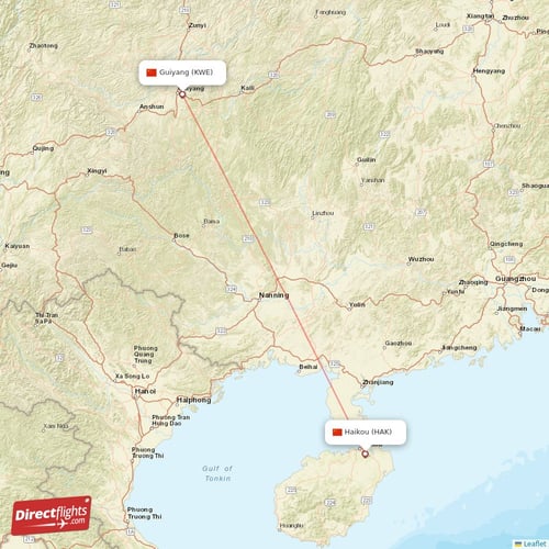 Haikou - Guiyang direct flight map