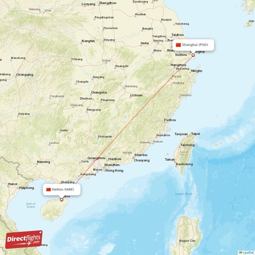 Haikou - Shanghai direct flight map