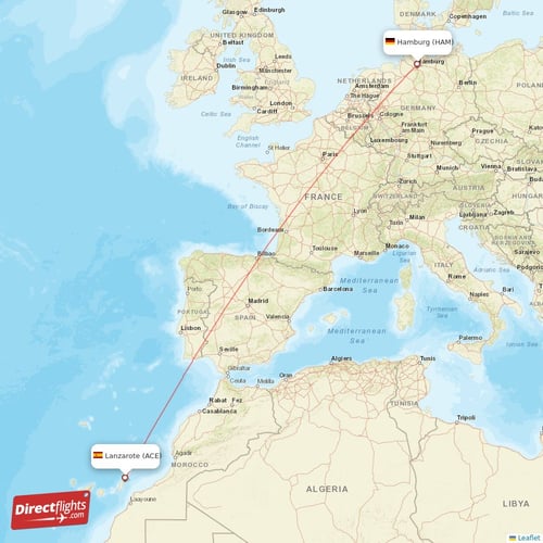 Hamburg - Lanzarote direct flight map