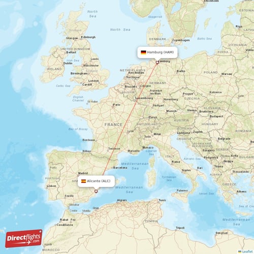 Hamburg - Alicante direct flight map