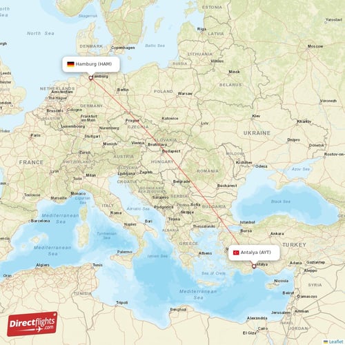 Hamburg - Antalya direct flight map