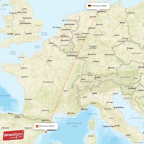 Hamburg - Barcelona direct flight map