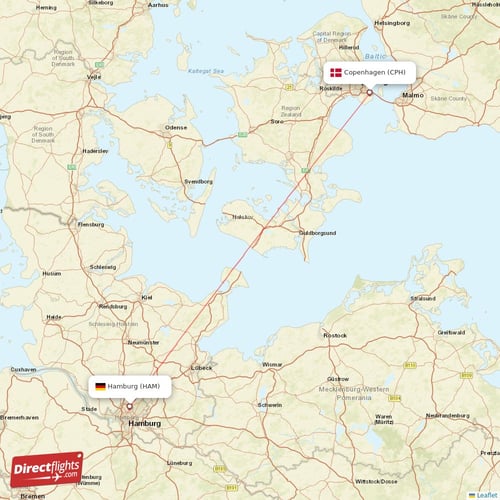 Hamburg - Copenhagen direct flight map