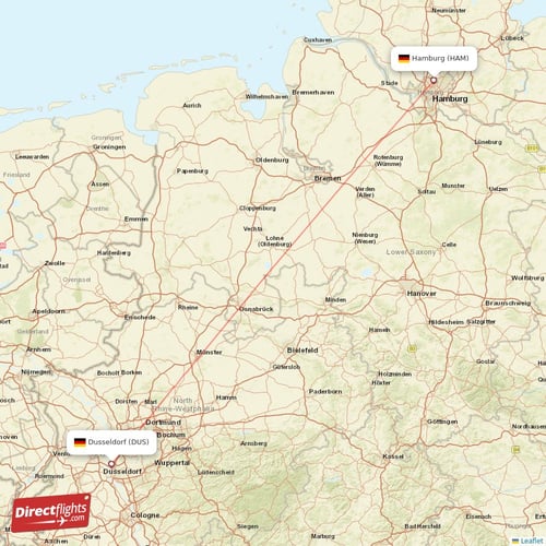 Hamburg - Dusseldorf direct flight map