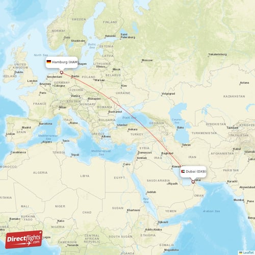Hamburg - Dubai direct flight map