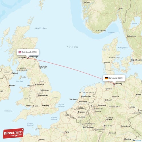 Hamburg - Edinburgh direct flight map