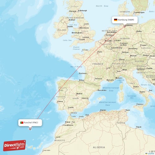 Hamburg - Funchal direct flight map