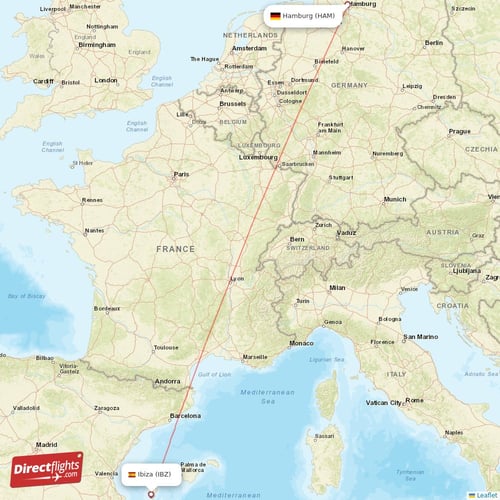 Hamburg - Ibiza direct flight map