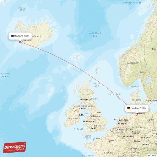 Hamburg - Reykjavik direct flight map