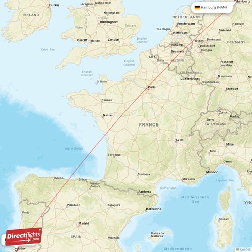 Hamburg - Lisbon direct flight map