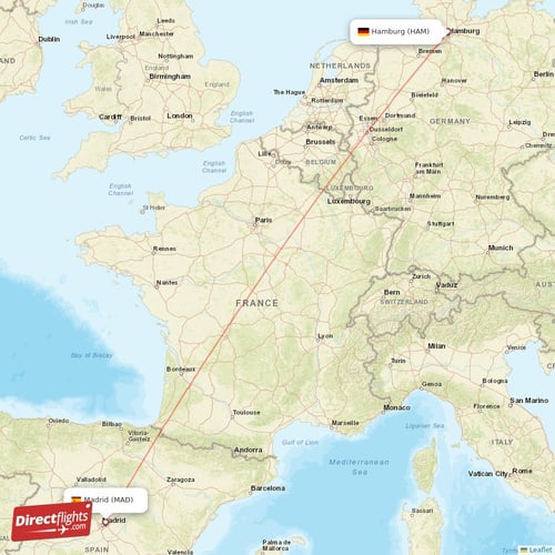 Hamburg - Madrid direct flight map