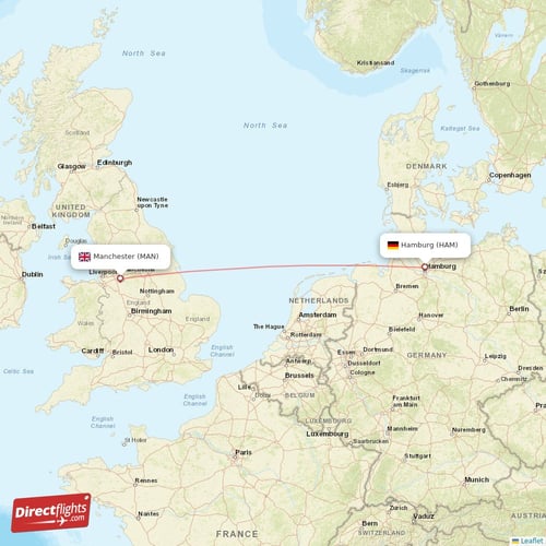 Hamburg - Manchester direct flight map