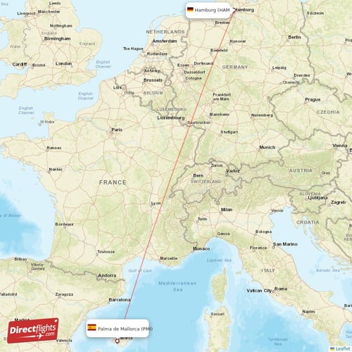 Hamburg - Palma de Mallorca direct flight map