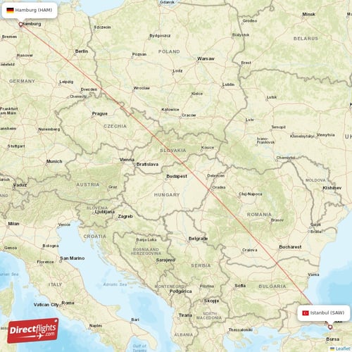 Hamburg - Istanbul direct flight map