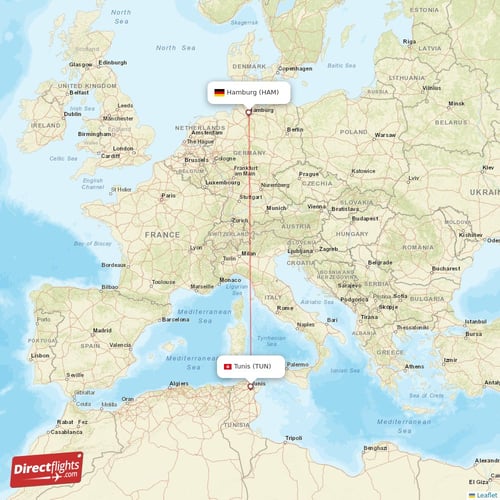 Hamburg - Tunis direct flight map