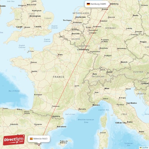 Hamburg - Valencia direct flight map