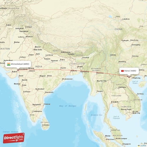 Hanoi - Ahmedabad direct flight map