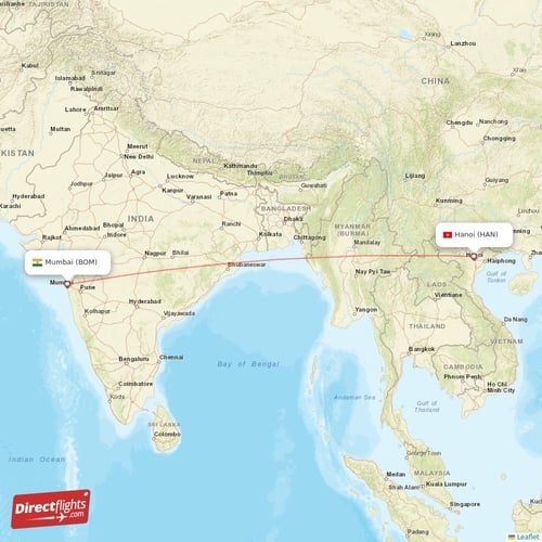 Hanoi - Mumbai direct flight map