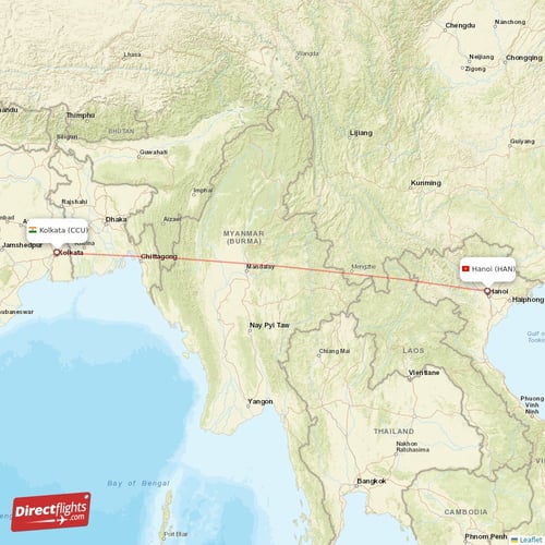 Hanoi - Kolkata direct flight map