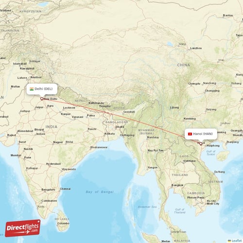 Hanoi - Delhi direct flight map