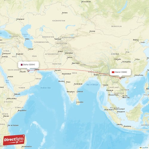 Hanoi - Doha direct flight map