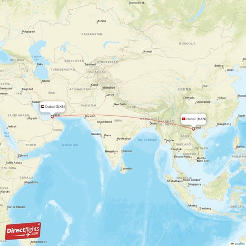 Hanoi - Dubai direct flight map