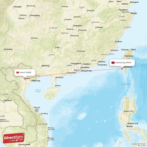 Hanoi - Kaohsiung direct flight map