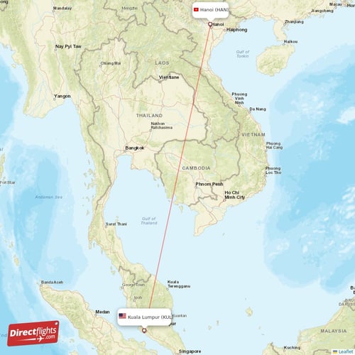 Hanoi - Kuala Lumpur direct flight map