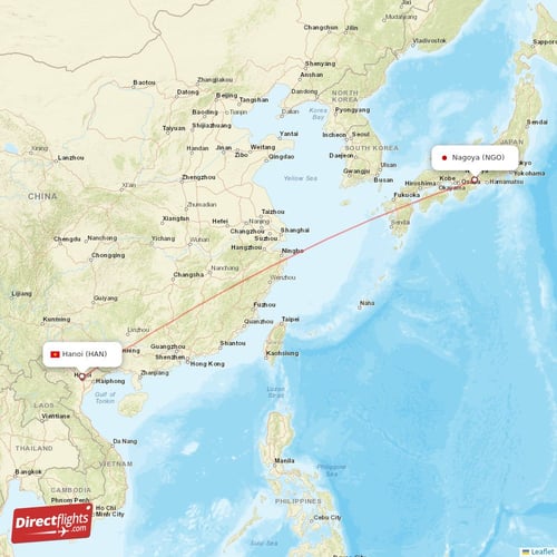 Hanoi - Nagoya direct flight map