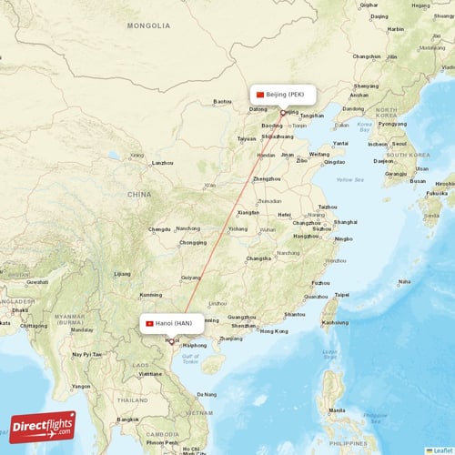 Hanoi - Beijing direct flight map