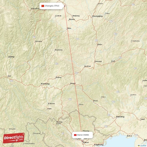 Hanoi - Chengdu direct flight map