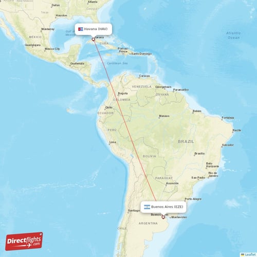 Havana - Buenos Aires direct flight map
