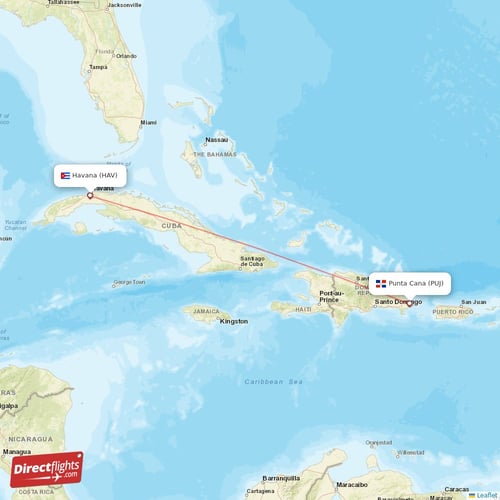 Havana - Punta Cana direct flight map