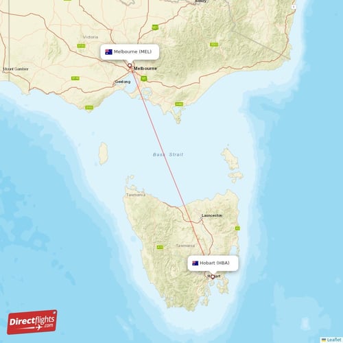Hobart - Melbourne direct flight map