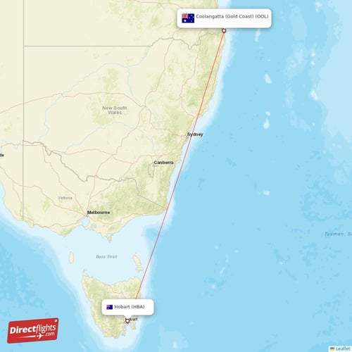 Hobart - Coolangatta (Gold Coast) direct flight map