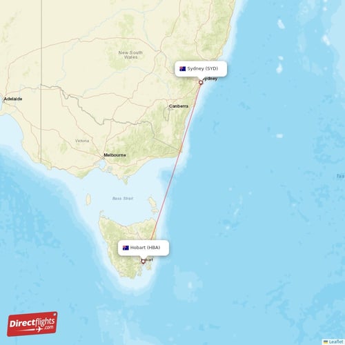 Hobart - Sydney direct flight map