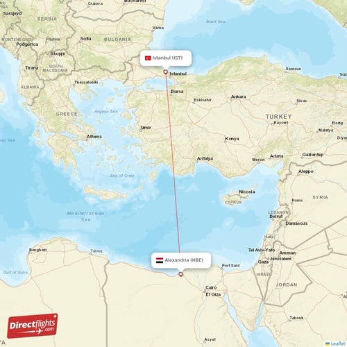 Alexandria - Istanbul direct flight map