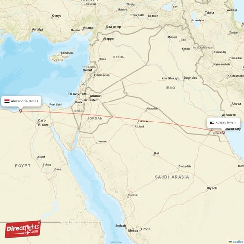Alexandria - Kuwait direct flight map