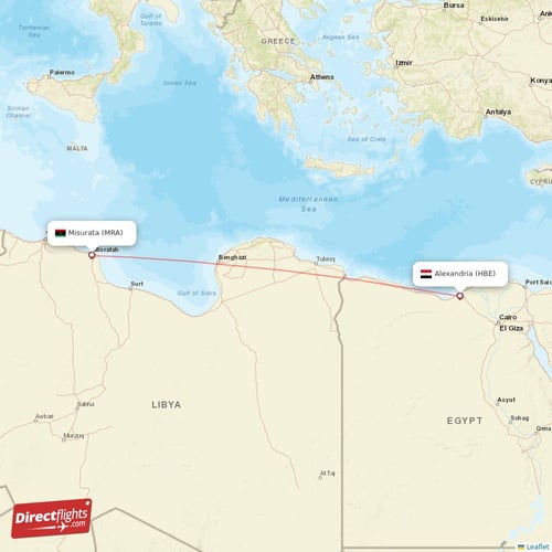Alexandria - Misurata direct flight map