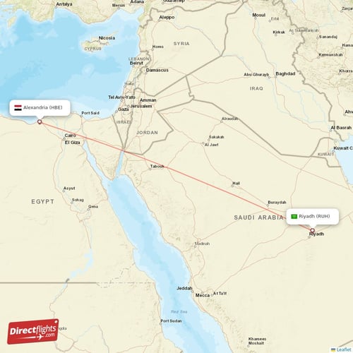 Alexandria - Riyadh direct flight map