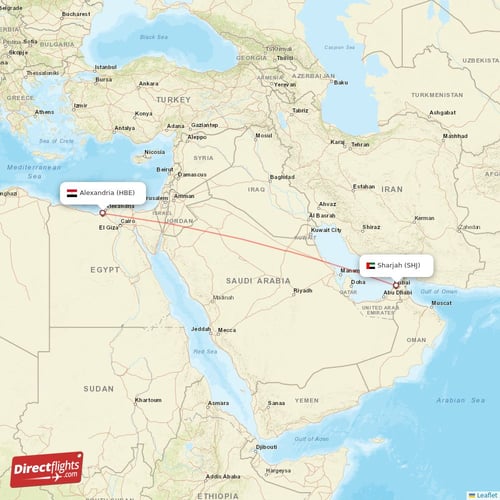 Alexandria - Sharjah direct flight map