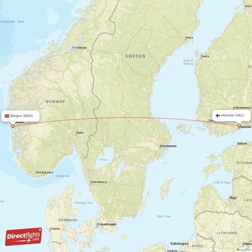 Helsinki - Bergen direct flight map