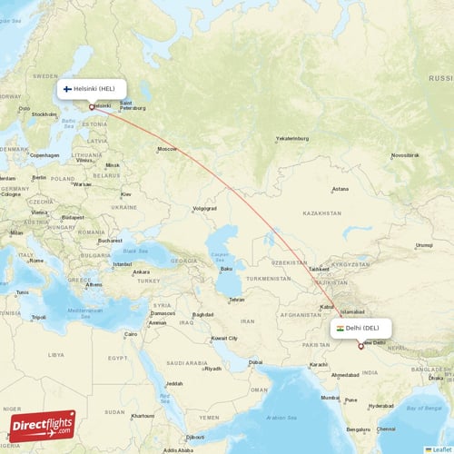 Helsinki - Delhi direct flight map
