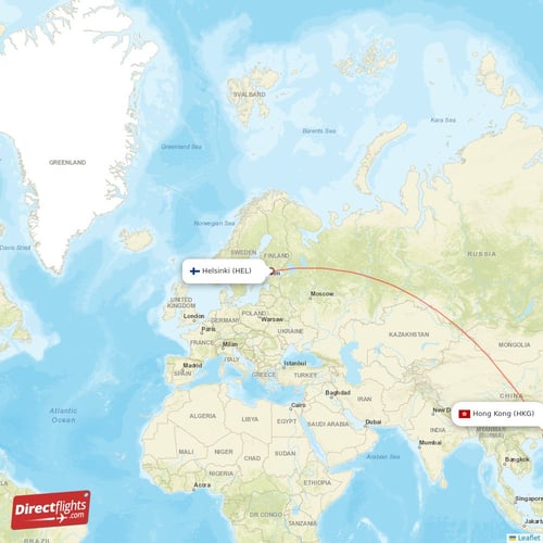 Helsinki - Hong Kong direct flight map