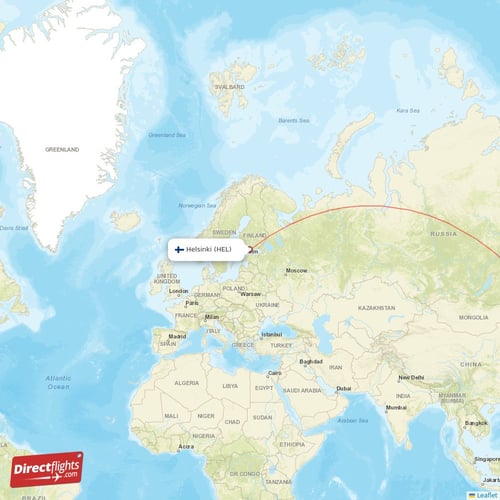 Helsinki - Tokyo direct flight map