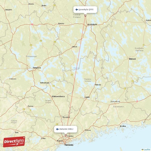 Helsinki - Jyvaskyla direct flight map