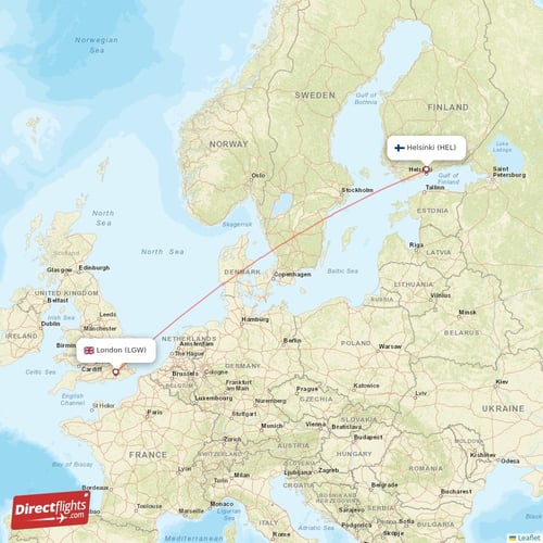 Helsinki - London direct flight map