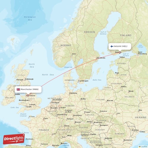 Helsinki - Manchester direct flight map
