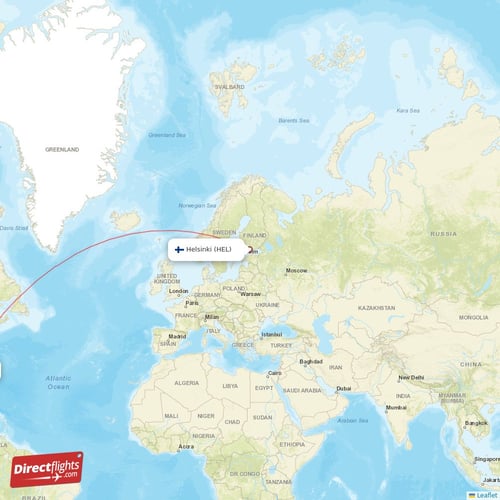 Helsinki - Miami direct flight map
