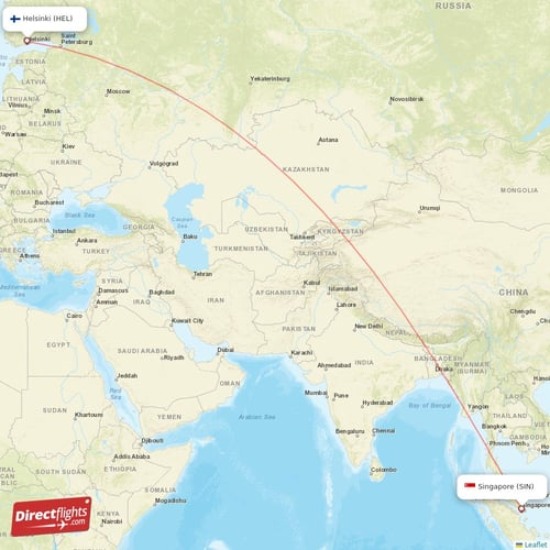 Helsinki - Singapore direct flight map